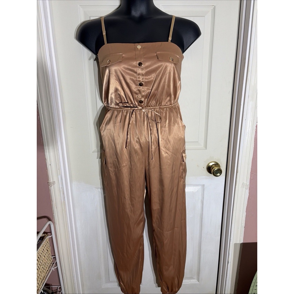AKIRA Satin Gold Tan Spaghetti Strap Cargo Jogger Jumpsuit Medium PJ1944E